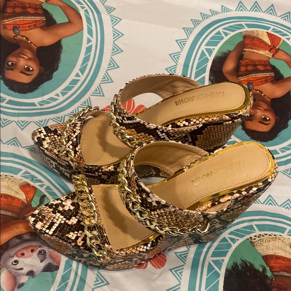 Fashion Nova Brown and Gold Wedge Shoes